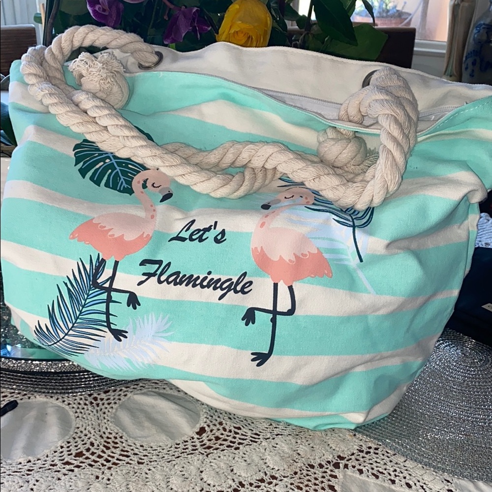 Green and White Hobo beach Bag with Tropical Flair Flamingos